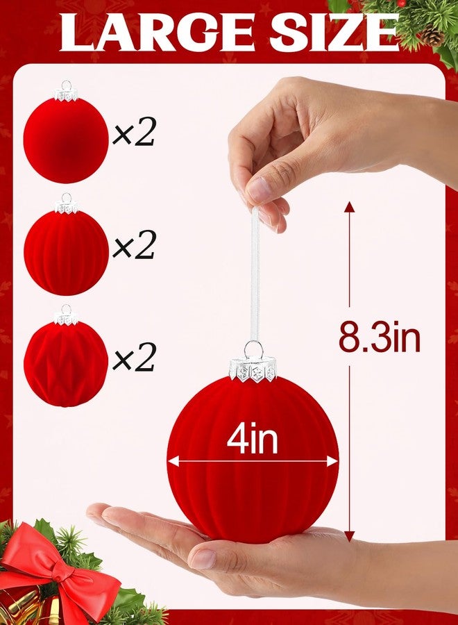 Beeplove 4in Large Velvet Ornaments for Christmas Tree - 3 Styles, Red Flocked Ornaments Christmas Balls for Vintage Xmas Holiday Party Hanging Decorations, 6PCS - Image 4